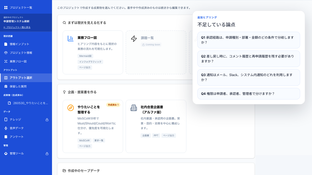 業務フロー図や企画書などのアウトプットを生成するKakusill画面